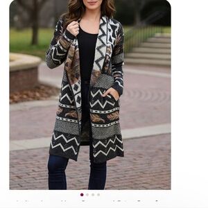 Indigo Aztec Geometric Print Long Open Cozy Tribal Print Cardigan Gray White M
